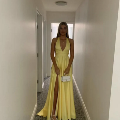 Modest yellow satin evening dresses with side slit