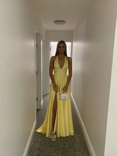 Modest Yellow Satin Evening Dresses with Side Slit