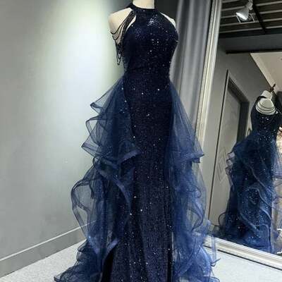 Navy blue sequins long prom party dress,1951