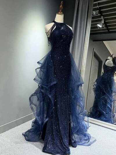 Navy Blue Sequins Long Prom Party Dress,1951