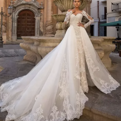 Engagement open back formal wedding dresses two piece long sleeve lace appliques,1952 - Thumbnail 1