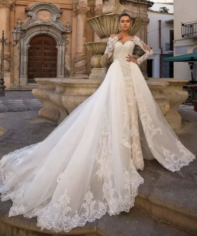 Engagement Open Back Formal Wedding Dresses Two Piece Long Sleeve Lace Appliques,1952