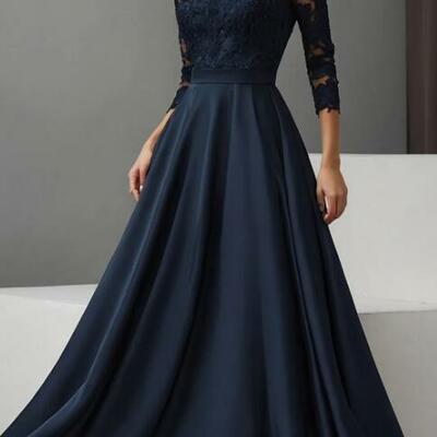 Elegant a line navy blue a line lace mother of the bride dresses formal evening dress