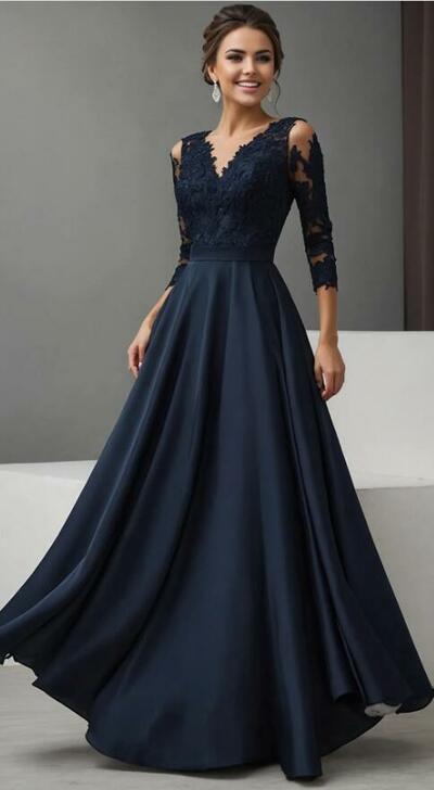 Elegant A Line Navy Blue A Line Lace Mother Of The Bride Dresses Formal Evening Dress