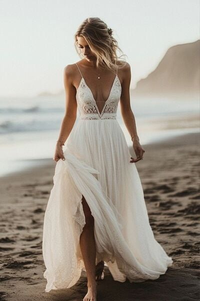 A-line Sexy Beach Wedding Dress, Deep V-neck Tulle Wedding Dress Bridal Gown