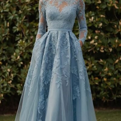 Blue a line long sleeve lace appliques mother of the bride dresses formal evening dress