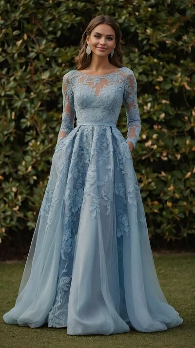 Blue A Line Long Sleeve Lace Appliques Mother Of The Bride Dresses Formal Evening Dress