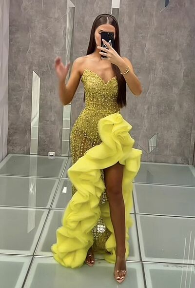 Yellow Prom Dresses Mermaid Sequins Beading Cyrtals Formal Party Second Reception Gowns