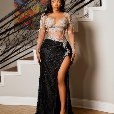 Black sequins lace appliques mermaid prom dresses african girls ormal party second reception gowns