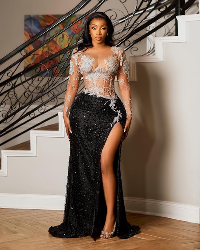Black Sequins Lace Appliques Mermaid Prom Dresses African Girls ormal Party Second Reception Gowns