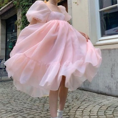 Princess classic puff sleeves pink short prom dresses