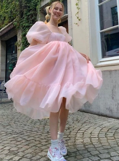 Princess Classic Puff Sleeves Pink Short Prom Dresses