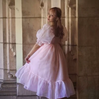 Princess Classic Puff Sleeves Pink Short Prom Dresses - Thumbnail 1