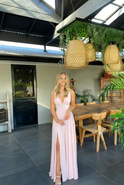 Floor Length V-Neck Split Pink Chiffon Prom Dress Long