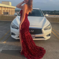 Classic Dark Red Strapless Sequins Prom Dress With Split - Thumbnail 1
