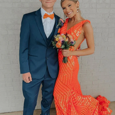 Elegant v neck orange sleeveless sequin mermaid prom dresses - Thumbnail 1