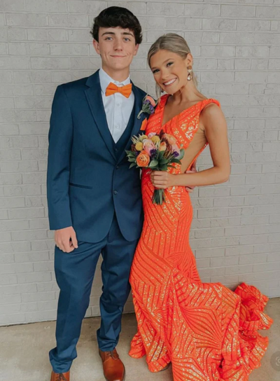 Elegant V Neck Orange Sleeveless Sequin Mermaid Prom Dresses