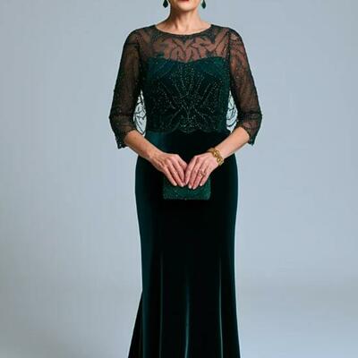 Elegant green velvet beading crytals mother of the bride dresses formal evening dress