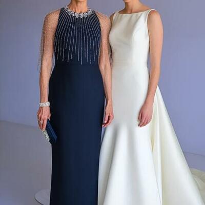 Navy blue sheath tea-length mother of the bride dresses formal evening dress