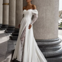 Satin Wedding Dresses for Bride Off-Shoulder Lace Long Sleeve Prom Dresses with Slit A-Line Ball Gowns,1955 - Thumbnail 3