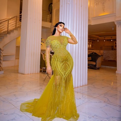 Gold prom dresses for special occasions illusion pearls full sleeves evening formal party second reception birthday engagement gown