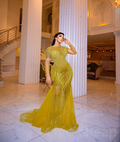 Gold Prom Dresses For Special Occasions Illusion Pearls Full Sleeves Evening Formal Party Second Reception Birthday Engagement Gown