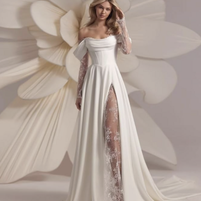 Satin wedding dresses for bride off-shoulder lace long sleeve prom dresses with slit a-line ball gowns,1955 - Thumbnail 2