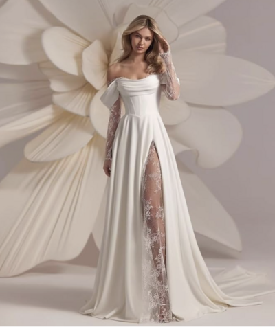 Satin Wedding Dresses for Bride Off-Shoulder Lace Long Sleeve Prom Dresses with Slit A-Line Ball Gowns,1955