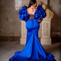 Plus Size Royal Blue Illusion Mermaid Prom Dress Satin Promdress Crystals Evening Formal Party Second Reception Birthday Engagement Gown - Thumbnail 1