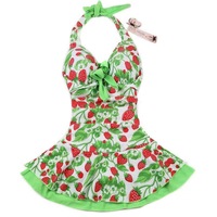 Women Strawberry Swim Dress, Cute Strawberry Print Halter Swimsuit, Strawberry Halter One Piece Swimsuit,strawberry Bikini - Thumbnail 1