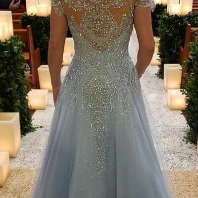 Short sleeves long prom dress,lace appliques with beads mother of bride dress,1150