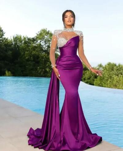 Purple Mermaid Prom Dresses For Special Occasion Beaded Crystals Satin Evening Formal Party Second Reception Birthday Engagement Dress