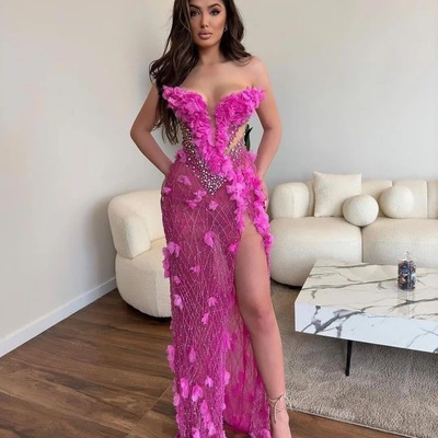 Fuchsia mermaid prom dress crystals high split evening formal party second reception birthday engagement gowns dresses