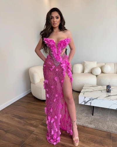 Fuchsia Mermaid Prom Dress Crystals High Split Evening Formal Party Second Reception Birthday Engagement Gowns Dresses 