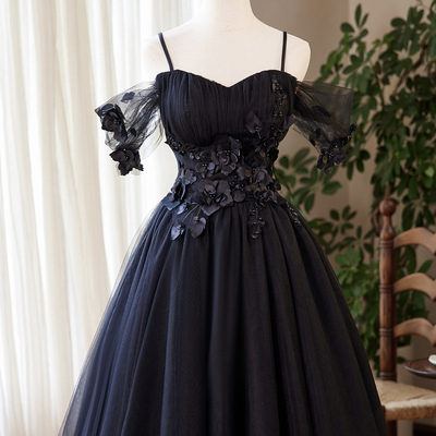 Black tulle flowers short a-line party dress homecoming dress - Thumbnail 1