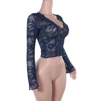 Temperament sexy slim fit V-neck lace long-sleeved top - Thumbnail 6