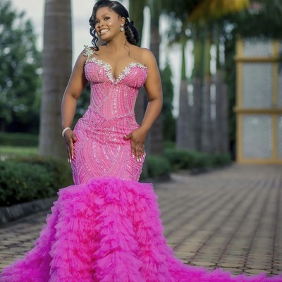 Hot pink mermaid prom dress laceful promdress tiers crystals evening formal party second reception birthday engagement dress