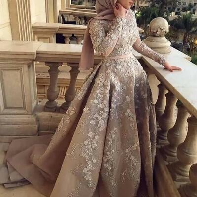 Luxurious sexy muslim evening dresses lace beaded prom dresses long sleeves formal party second reception wowns dresses