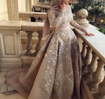 Luxurious Sexy Muslim Evening Dresses Lace Beaded Prom Dresses Long Sleeves Formal Party Second Reception Wowns Dresses