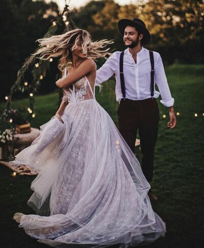 Sexy Floral Wedding Dress, Deep V-neck Tulle Wedding Dress Bridal Gown