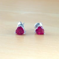 925 Ruby (Lab Created) Heart Earrings/925 Silver Ruby Stud Earrings/Ruby Jewellery/Ruby Jewelry/Red Ruby Earrings/925Ruby Earrings/July Birthstone - Thumbnail 1