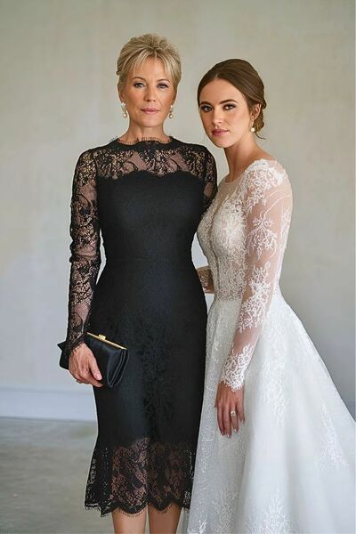 Elegant Black Tea-length Lace Mother Of The Bride Dresses Formal Evening Dress