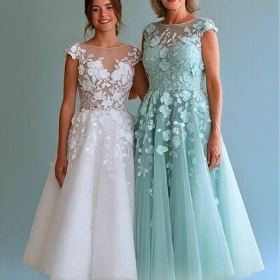Blue a line tea-length lace appliques mother of the bride dresses formal evening dress