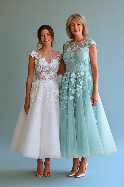 Blue A Line Tea-length Lace Appliques Mother Of The Bride Dresses Formal Evening Dress