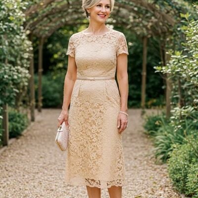 Elegant champagne tea-length lace mother of the bride dresses formal evening dress