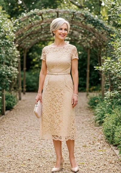 Elegant Champagne Tea-length Lace Mother Of The Bride Dresses Formal Evening Dress