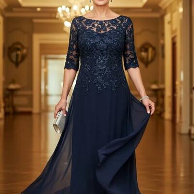 Navy blue a line tea-length lace chiffon  mother of the bride dresses formal evening dress