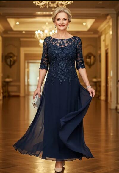 Navy Blue A Line Tea-length Lace Chiffon  Mother Of The Bride Dresses Formal Evening Dress