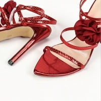 Red Floral Strappy Stiletto Sandals - Thumbnail 5
