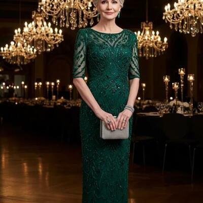 Elegant green sheath sequins lace mother of the bride dresses formal evening dress